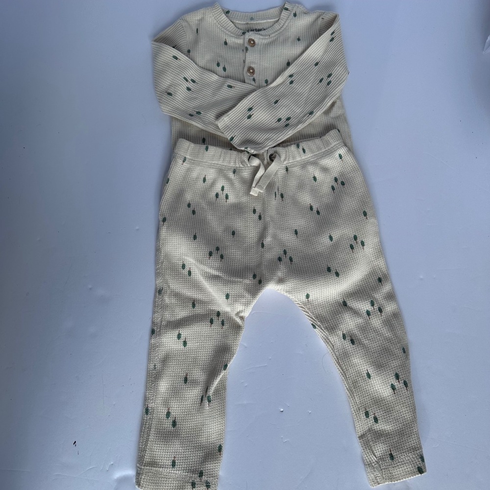 Carter's 12M Baby Outfit Waffle Knit Set Cream Green‎ Tree Print Pants Top